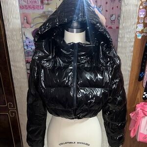Current Mood Shiny Black cropped Puffer Jacket